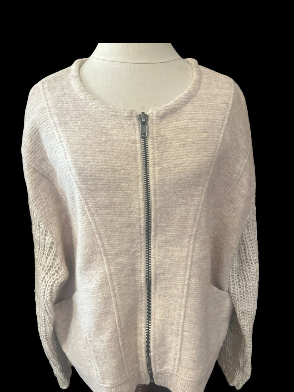 Free People Always-sweater/Jacket-Zip-Women-S-Cream-Boucle-Wool Bl-Bomber-1093